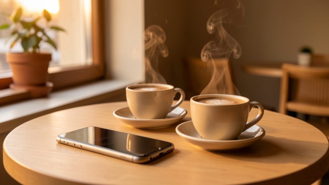 Téléphone posé près de deux tasses de café dans une ambiance chaleureuse, évoquant une invitation respectueuse à se rencontrer.