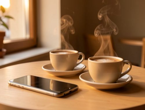 Téléphone posé près de deux tasses de café dans une ambiance chaleureuse, évoquant une invitation respectueuse à se rencontrer.