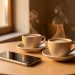 Téléphone posé près de deux tasses de café dans une ambiance chaleureuse, évoquant une invitation respectueuse à se rencontrer.