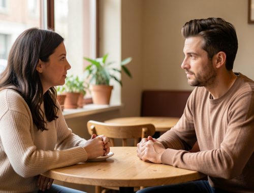 Une femme et un homme discutent calmement de leurs limites personnelles dans un café chaleureux, avec une attitude attentive et respectueuse.