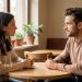 Une femme et un homme discutent calmement de leurs limites personnelles dans un café chaleureux, avec une attitude attentive et respectueuse.