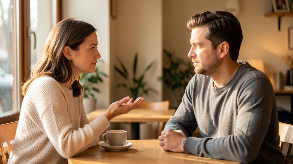Une femme adulte exprime calmement ses limites à un homme adulte dans un café paisible, avec respect et compréhension.