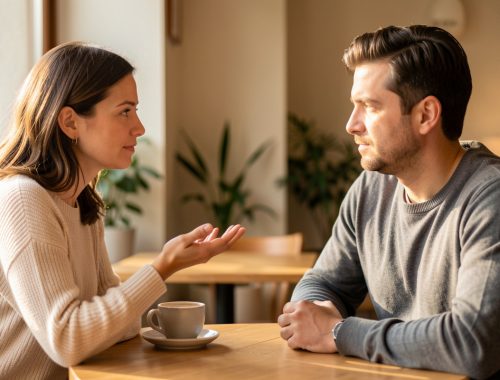 Une femme adulte exprime calmement ses limites à un homme adulte dans un café paisible, avec respect et compréhension.
