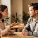 Une femme adulte exprime calmement ses limites à un homme adulte dans un café paisible, avec respect et compréhension.