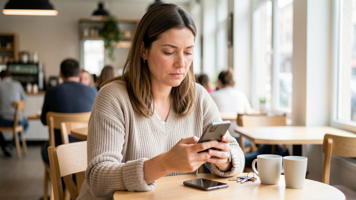 Une femme adulte prépare prudemment une première rencontre dans un café lumineux, avec son téléphone et ses clés à portée de main.