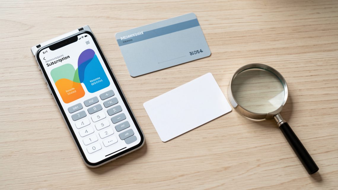 Bureau avec smartphone affichant une interface abstraite, calculatrice, carte vierge et loupe pour symboliser la vérification des prix et des frais d’un abonnement.