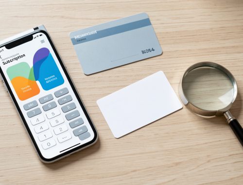 Bureau avec smartphone affichant une interface abstraite, calculatrice, carte vierge et loupe pour symboliser la vérification des prix et des frais d’un abonnement.