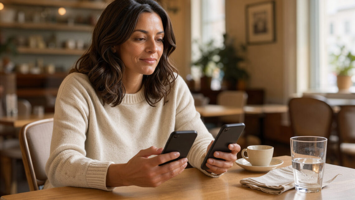 Femme réfléchissant dans un café lumineux devant deux smartphones sans contenu visible, symbolisant le choix d’une nouvelle façon de faire des rencontres après une longue relation.