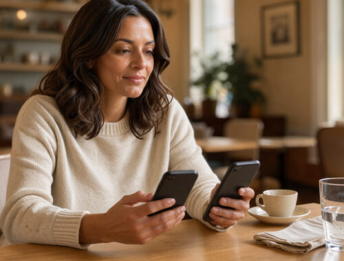 Femme réfléchissant dans un café lumineux devant deux smartphones sans contenu visible, symbolisant le choix d’une nouvelle façon de faire des rencontres après une longue relation.