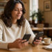 Femme réfléchissant dans un café lumineux devant deux smartphones sans contenu visible, symbolisant le choix d’une nouvelle façon de faire des rencontres après une longue relation.