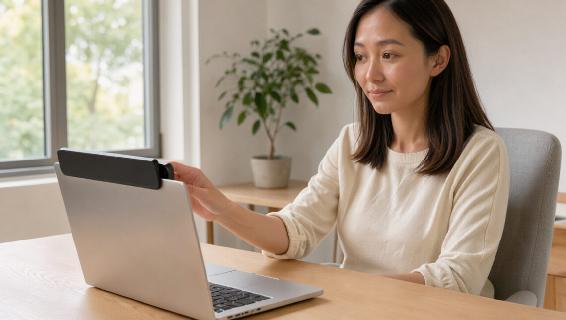 Femme adulte devant un ordinateur portable, recouvrant la webcam avec un cache coulissant dans un intérieur lumineux au fond neutre.