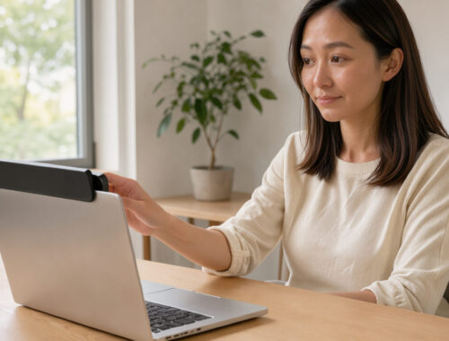 Femme adulte devant un ordinateur portable, recouvrant la webcam avec un cache coulissant dans un intérieur lumineux au fond neutre.