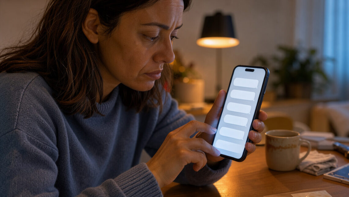 Une femme examine un smartphone affichant une interface de conversation vide, dans une atmosphère calme et chaleureuse.