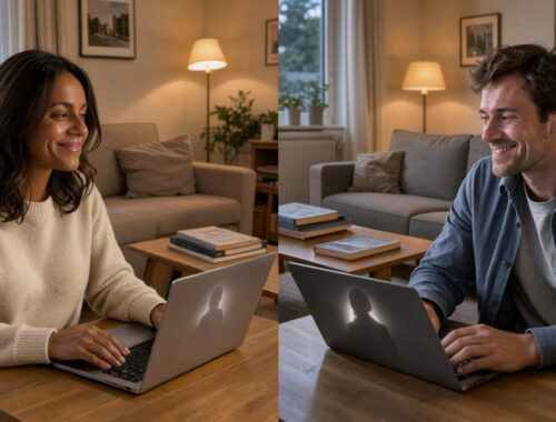 Une femme et un homme échangent calmement en visioconférence depuis deux intérieurs chaleureux, avec une attitude souriante et détendue.